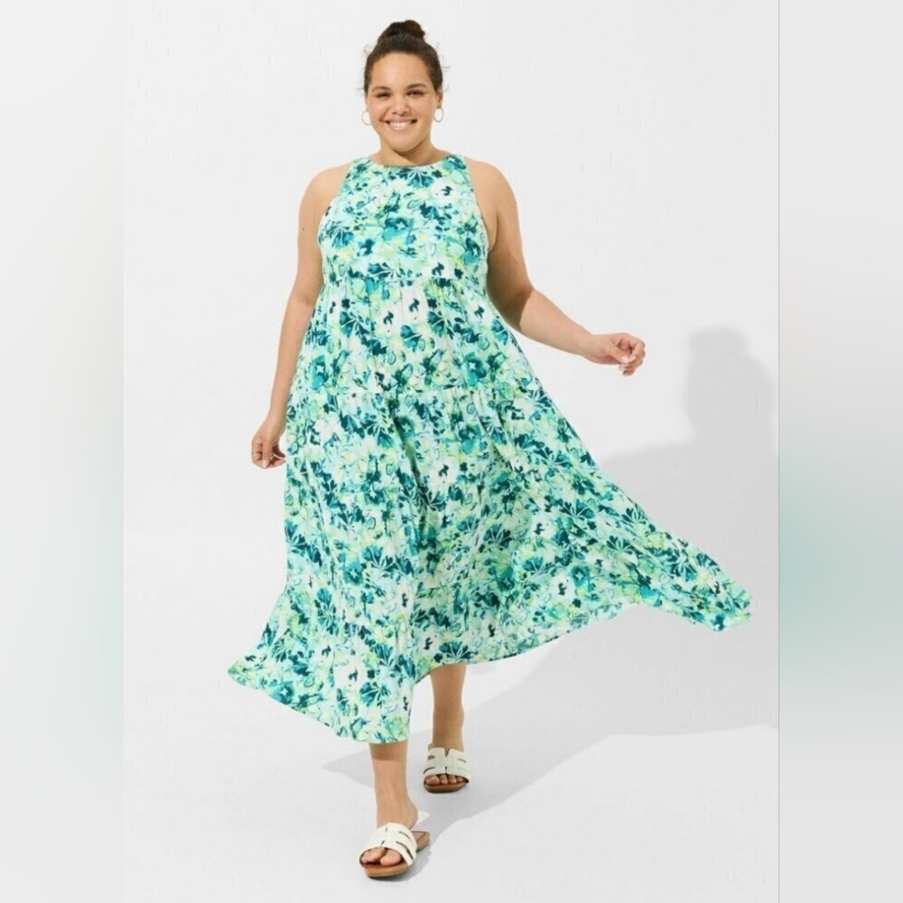 Torrid Maxi Gauze Halter Tiered Green Floral Dress. NWT